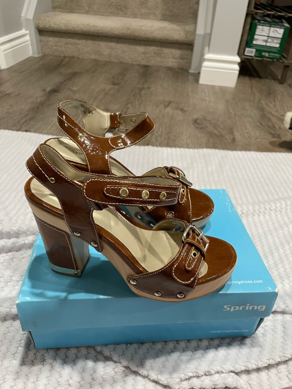 Call It Spring Cognac Patent Platform Block Heels with Buckle Straps